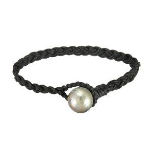 14mm Genuine Baroque Tahitian Pearl in Braided Black Greek Leather Bracelet 7"